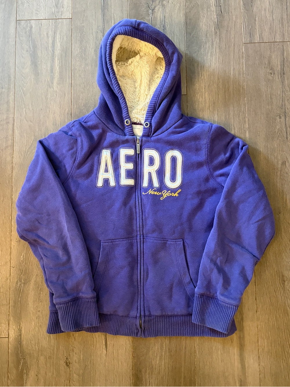 Y2K Aeropostale NewYork XL Purple Vintage Sherpa-Lined Hoodie 2000s